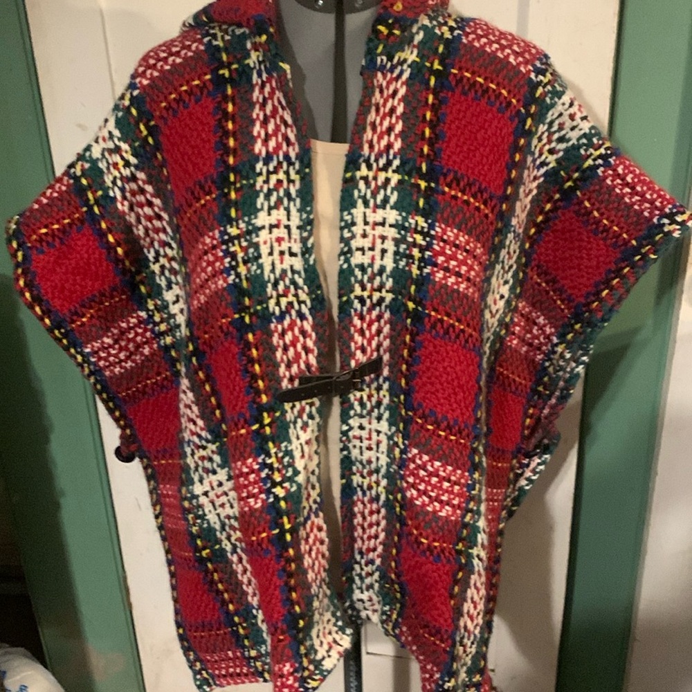 Red Plaid Knit Cape Wrap - Women Jackets & Coats